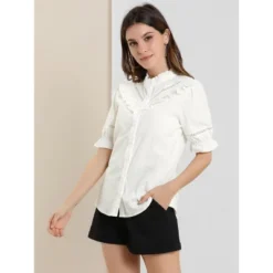 Allegra K Women's Button Down Shirt Short Sleeve Ruffle Stand Collar Lacework Work Blouse Top -Allegra K GUEST edf87568 caef 46a3 9ad0 1a351a628973