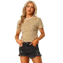 Allegra K Women's Sequin Velvet Crew Neck Short Sleeve T-shirt -Allegra K GUEST ee989558 2eb3 4c10 a367 f3c3c1ca8c42