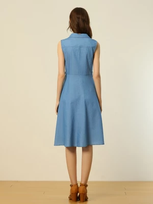 Allegra K Women's Chambray Tie Waist Button Front A-Line Dress 2 Allegra K Women's Chambray Tie Waist Button Front A-Line Dress - Image 2
