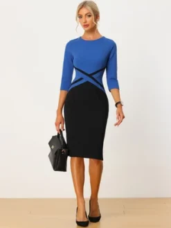 Allegra K Women's Contrast Color 3/4 Sleeve Bodycon Work Office Pencil Dress
