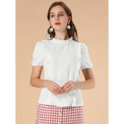 Allegra K Women's Ruffle Frilled Crochet Lace Panel Mock Neck Short Sleeve Shirt Blouse -Allegra K GUEST ef0c540a 280b 4b02 a109 55b3f7a5f155