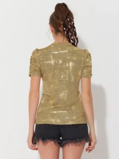 Allegra K Women's Glitter Puff Sleeve Round Neck Stretch Casual Shiny T-Shirt -Allegra K GUEST efdf4b70 b1e0 4ba9 80ec 08a878a5fed0