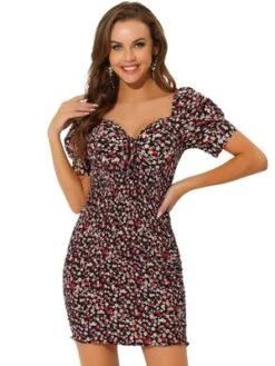 Allegra K Women's Puff Short Sleeve Sweetheart Neck Floral Smocked Bodycon Mini Dress -Allegra K GUEST f017731f ff61 4c85 bf3f 454705bb3900