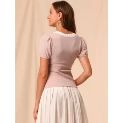 Allegra K Women's Retro Sweetheart Neck Bow Tie Contrast Trim Short Sleeve Blouse -Allegra K GUEST f01ff932 2461 4284 b8d1 d0ad2ce42a5c