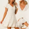 Allegra K Floral Peasant Mini Dress For Women's V Neck Tiered Hem Ruffle Sleeve A-Line Sundress