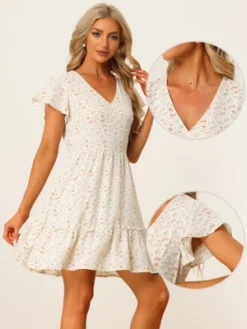 Allegra K Floral Peasant Mini Dress For Women's V Neck Tiered Hem Ruffle Sleeve A-Line Sundress