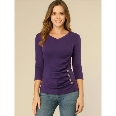Allegra K Women's V Neck 3/4 Sleeves Solid Knitted Buttons Decor Ruched Blouse 2 Allegra K Women's V Neck 3/4 Sleeves Solid Knitted Buttons Decor Ruched Blouse - Image 2