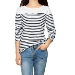 Allegra K Women's Color Block Long Sleeve Striped T-Shirt