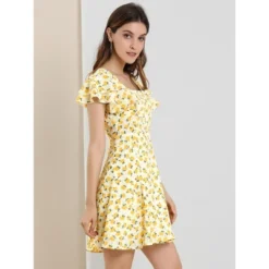 Allegra K Women's Ruffled-Sleeve Square Neck Pleated Casual Floral Mini Dress -Allegra K GUEST f11df528 9714 42ea 8bdb 2f3e7dacebbe