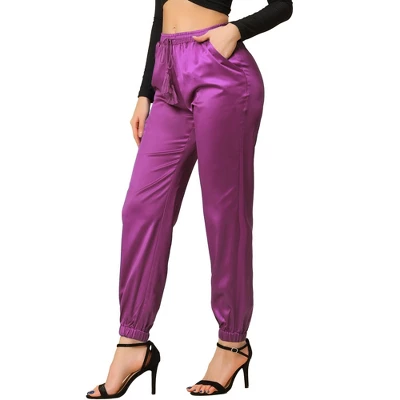 Allegra K Women's Drawstring Elastic Waist Athleisure Pants Ankle Length Satin Joggers With Pocket 16 Allegra K Women's Drawstring Elastic Waist Athleisure Pants Ankle Length Satin Joggers With Pocket - Image 16