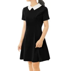 Allegra K Women's Contrast Doll Collar Short Sleeves Above Knee Flare Dress