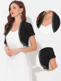 Allegra K Women's Contrast Trim Open Front Cropped Short Sleeve Bolero Shrug