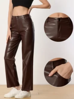 Allegra K Faux Leather Pants For Women's High Waist Straight Leg Casual PU Punk Trousers