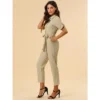 Allegra K Women's Short Sleeve Collared Cropped Coverall Button Down Tie Waist Cotton Cargo Jumpsuit