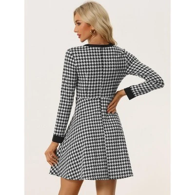 Allegra K Women's Houndstooth Plaid Contrast Color Crew Neck Button Front Elegant A-Line Dress 3 Allegra K Women's Houndstooth Plaid Contrast Color Crew Neck Button Front Elegant A-Line Dress - Image 3