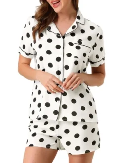 Allegra K Womens Short Sleeve Notch Collar Piped Button Down Sleepwear Polka Dots Pajama Sets -Allegra K GUEST f39b2c1f cce1 410c 8e20 a552ac6738b6