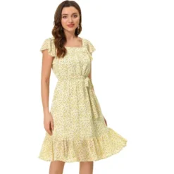 Allegra K Women's Floral Chiffon Flutter Sleeve Belted Square Neck Ruffled Hem Dress -Allegra K GUEST f3c3eeff b3c9 45fc 8d89 1953b817f512