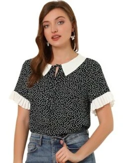 Allegra K Women's Contrast Doll Collar Polka Dots Short Sleeves Blouse -Allegra K GUEST f3c8aa44 022b 47ed a66a f31a61ebe8a2