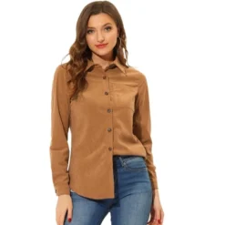 Allegra K Women's Corduroy Pocket Casual Long Sleeve Curved Hem Button Down Shirts -Allegra K GUEST f4422155 2dce 4bc0 978d e5a3852c2f39