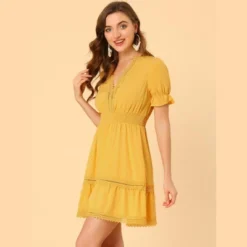 Allegra K Women's V Neck Smocked Elastic Waist Short Sleeve Boho Crochet Trim Mini Dress -Allegra K GUEST f4550307 2ff1 479b b122 bcdbb5f5ac01