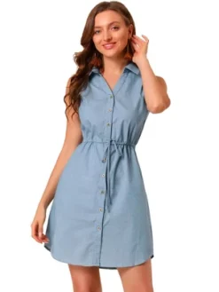 Allegra K Women's Collar Button Down Tie Waist Above Knee Chambray Shirt Dress -Allegra K GUEST f4bd4633 751e 4310 94da 8ccfe8f107b8