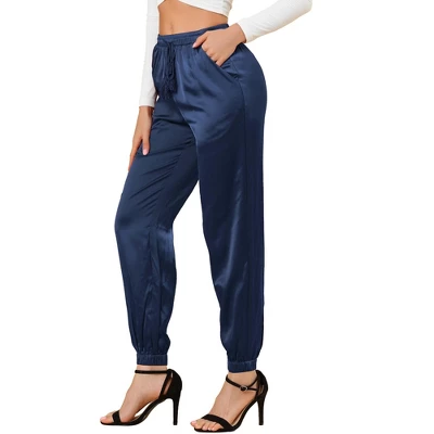 Allegra K Women's Drawstring Elastic Waist Athleisure Pants Ankle Length Satin Joggers With Pocket 11 Allegra K Women's Drawstring Elastic Waist Athleisure Pants Ankle Length Satin Joggers With Pocket - Image 11