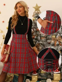 Allegra K Women's Plaid Midi Tartan Pinafore Skirt