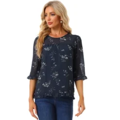 Allegra K Women's Casual Round Neck Ruffle 3/4 Sleeve Floral Print Chiffon Blouse -Allegra K GUEST f4e84a29 e24c 4b64 bf30 3fee15d8ade3