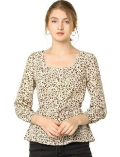 Allegra K Women's Floral Print Belted Waist Square Neck Vintage Peplum Blouse -Allegra K GUEST f53af279 5e44 4e18 a889 c7f09fab57c5