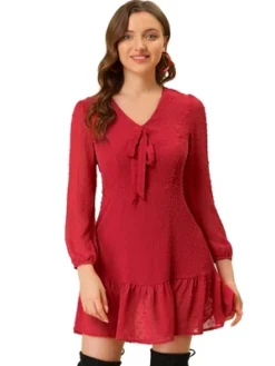 Allegra K Women’s Ruffle Hem Bow Tie V Neck Long Sleeve Swiss Dots Mini Dress -Allegra K GUEST f5859bd5 0c84 490f 8e22 8c639f4be866
