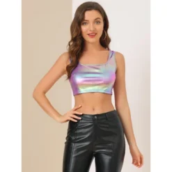 Allegra K Women's U Neck Sleeveless Party Clubwear Shiny Metallic Crop Tank Tops