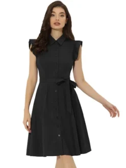 Allegra K Women's Cotton Shirtdress Work Office Ruffled Sleeveless Dress With Belt -Allegra K GUEST f5bcec13 5379 4537 b715 3ed579588299