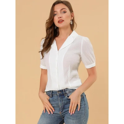 Allegra K Women's Camp Collar Button Front Textured Short Bubble Sleeve Shirt 4 Allegra K Women's Camp Collar Button Front Textured Short Bubble Sleeve Shirt - Image 4