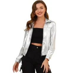 Allegra K Women's Track Holographic Shiny Long Sleeve Metallic Zip Front Jacket -Allegra K GUEST f650b1ba a20c 4db9 9933 da4ca08412dc