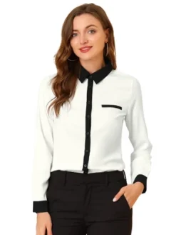 Allegra K Women's Contrast Collar Shirt Chiffon Long Sleeve Work Office Blouse -Allegra K GUEST f66ac07e 3b30 48f3 9e67 e87ce275ea8f