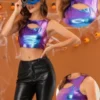 Allegra K Women's Metallic Crop Shiny Sleeveless Cut Out Party Clubwear Holographic Tank Tops