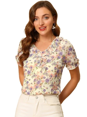 Allegra K Women's Ruffle V Neck Puff Short Sleeve Floral Blouse 6 Allegra K Women's Ruffle V Neck Puff Short Sleeve Floral Blouse - Image 6