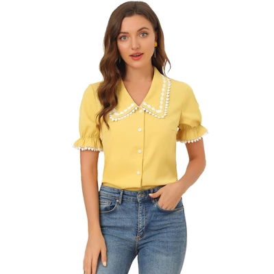 Allegra K Women's Sweet Peter Pan Contrast Collar Short Sleeves Button Up Blouse Tops 6 Allegra K Women's Sweet Peter Pan Contrast Collar Short Sleeves Button Up Blouse Tops - Image 6