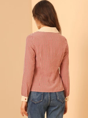 Allegra K Women's Contrast Peter Pan Collar Blouse Gingham Long Sleeve Button Front Shirt 4 Allegra K Women's Contrast Peter Pan Collar Blouse Gingham Long Sleeve Button Front Shirt - Image 4