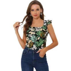 Allegra K Women's Tropical Floral Printed Square Neck Ruffle Sleeve Tank Top -Allegra K GUEST f9064883 af9b 4420 954a 557008a7c9fb