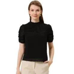 Allegra K Women's Elegant Swiss Dots Puff Short Sleeves Stand Collar Chiffon Blouse -Allegra K GUEST f91b968d 922c 40b8 b229 9027dfe0dffd