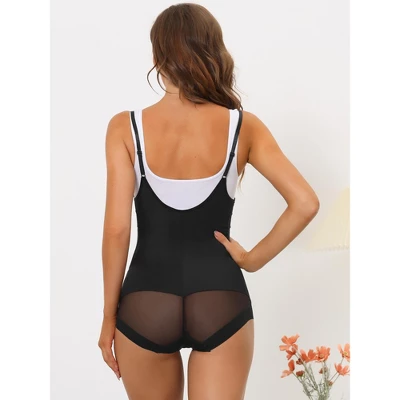 Allegra K Women's Mesh Tummy Control Slimming Sculpting Adjustable Straps Open Bust Full Leotard