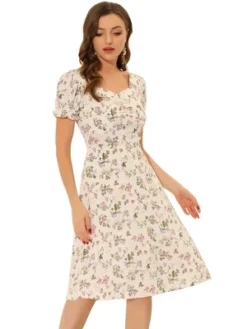 Allegra K Women's Floral Sweetheart Neck Smock Ruffle Print A-Line Dress -Allegra K GUEST f9914841 3602 4a34 8bb1 221fef0cc958