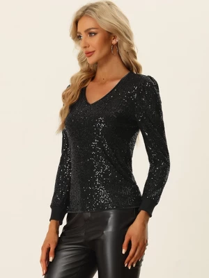 Allegra K Sequin Top For Women's V Neck Party Metallic Sparkly Blouse 3 Allegra K Sequin Top For Women's V Neck Party Metallic Sparkly Blouse - Image 3