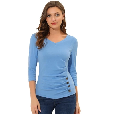 Allegra K Women's V Neck 3/4 Sleeves Solid Knitted Buttons Decor Ruched Blouse 16 Allegra K Women's V Neck 3/4 Sleeves Solid Knitted Buttons Decor Ruched Blouse - Image 16