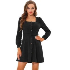 Allegra K Women's Square Neck Long Sleeve Button Front Corduroy Dress With Belt -Allegra K GUEST fa8ef060 997d 48c7 9979 8231e5deaa12