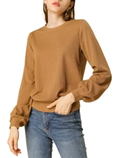 Allegra K Women's Warm Tops Lantern Sleeve Crew Neck Winter Ribbed Pullover Sweater -Allegra K GUEST fb112cec eade 45cd a909 ac04534acc49