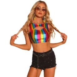 Allegra K Women's Metallic Crop Shiny Sleeveless Cut Out Party Clubwear Holographic Tank Tops -Allegra K GUEST fb50daa8 a361 4467 8eb9 475905b290d6