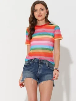 Allegra K Women's Rainbow Blouse Short Sleeve Mesh Sheer Stripe T-Shirt -Allegra K GUEST fbc48123 e84e 4965 896c 6efedcd36f34