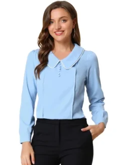 Allegra K Women's Peter Pan Collar Shirt Crochet Trim Long Sleeve Chiffon Work Office Blouse -Allegra K GUEST fbd0723b 4edc 438d b12a f90496f34aa8